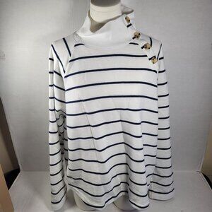 J.Crew Women White Navy Stripe Button Neck Long Sleeve Cotton Blend Tunic Size L
